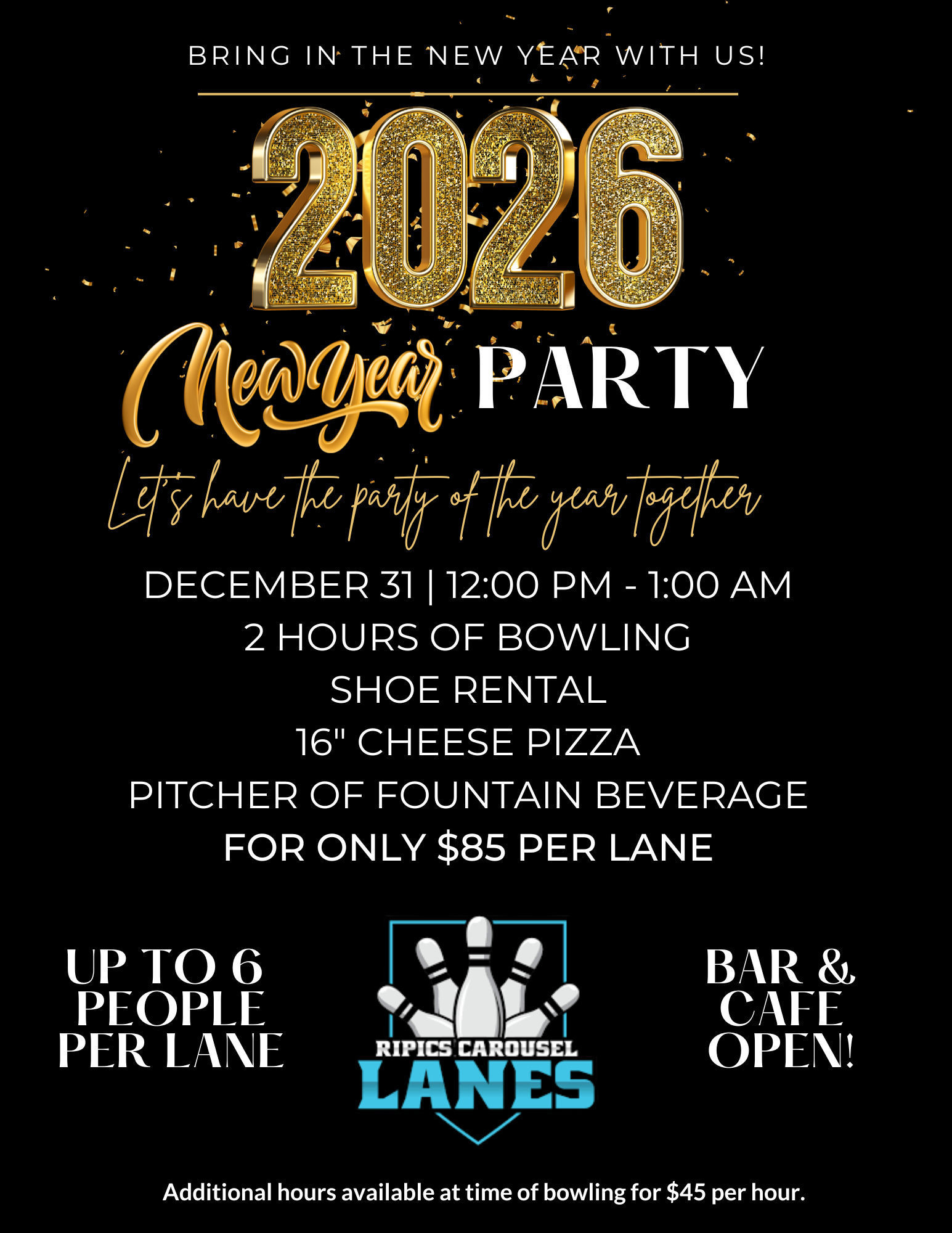 2026 New Year Party Flyer at Ripics Carousel Lanes